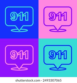 Pop art line Telephone with emergency call 911 icon isolated on color background. Police, ambulance, fire department, call, phone.  Vector