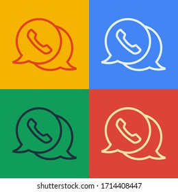 Pop art line Telephone with speech bubble chat icon isolated on color background. Support customer service, hotline, call center, faq.  Vector Illustration