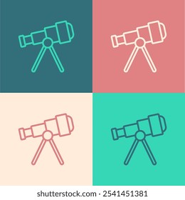 Icono del telescopio de la línea del arte del Pop aislado en fondo del color. Herramienta científica. Elemento de Educación y astronomía, spyglass y estrellas de estudio.  Vector