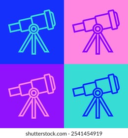 Icono del telescopio de la línea del arte del Pop aislado en fondo del color. Herramienta científica. Elemento de Educación y astronomía, spyglass y estrellas de estudio.  Vector