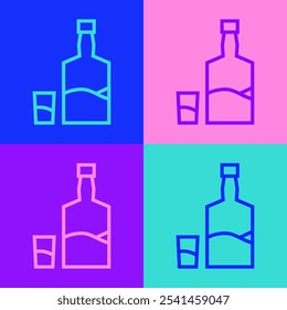 Pop art line Tequila bottle and shot glass icon isolated on color background. Mexican alcohol drink.  Vector