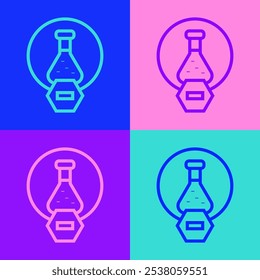 Pop art line Test tube and flask chemical laboratory test icon isolated on color background. Laboratory glassware sign.  Vector