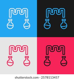 Pop art line Test tube and flask - chemical laboratory test icon isolated on color background. Fluid transfer system. Laboratory glassware sign.  Vector