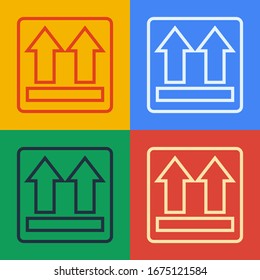 Pop art line This side up icon isolated on color background. Two arrows indicating top side of packaging. Cargo handled.  Vector Illustration