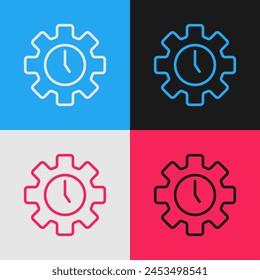 Pop art line Time Management icon isolated on color background. Clock and gear sign. Productivity symbol.  Vector