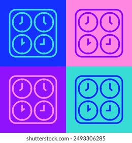 Pop art line Time zone clocks icon isolated on color background.  Vector