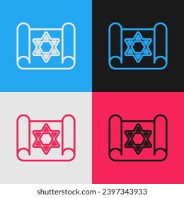 Pop art line Torah scroll icon isolated on color background. Jewish Torah in expanded form. Star of David symbol. Old parchment scroll.  Vector