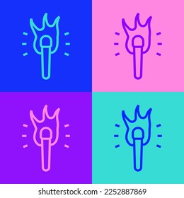 Línea de arte pop Icono de llama de antorcha aislado en el fondo del color. Bomba de símbolo caliente, potencia de llama, inflamación y calor.  Vector