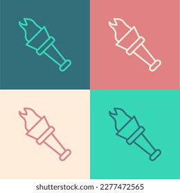 Pop art line Torch flame icon isolated on color background. Symbol fire hot, flame power, flaming and heat.  Vector
