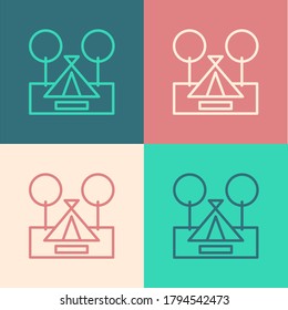 Pop art line Tourist tent icon isolated on color background. Camping symbol. Vector