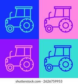 Pop art line Tractor icon isolated on color background.  Vector