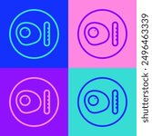 Pop art line Traditional british breakfast, fried eggs with sausage icon isolated on color background.  Vector