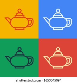 Pop art line Traditional Chinese tea ceremony icon isolated on color background. Teapot with cup.  Vector Illustration