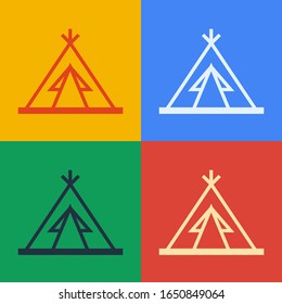 Pop art line Traditional indian teepee or wigwam icon isolated on color background. Indian tent.  Vector Illustration