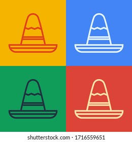 Pop art line Traditional mexican sombrero hat icon isolated on color background.  Vector Illustration