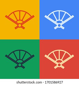 Pop art line Traditional paper chinese or japanese folding fan icon isolated on color background.  Vector Illustration