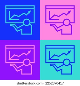 Pop art line Training, presentation icon isolated on color background.  Vector