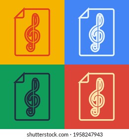 Pop art line Treble clef icon isolated on color background.  Vector