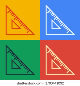 Línea de arte pop Icono de regla triangular aislado en fondo de color. Símbolo directo. Símbolo geométrico. Ilustración vectorial