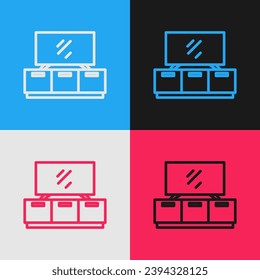 Pop art line TV table stand icon isolated on color background.  Vector