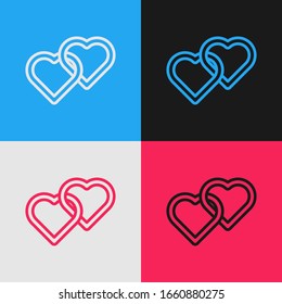 Pop art line Two Linked Hearts icon isolated on color background. Romantic symbol linked, join, passion and wedding. Happy Women Day.  Vector Illustration