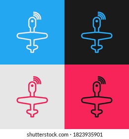 Icono de línea de arte pop UAV Drone aislado en el fondo de color. Espía de aviones militares no tripulados.  Ilustración vectorial
