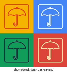 Pop art line Umbrella icon isolated on color background. Waterproof icon. Protection, safety, security concept. Water resistant symbol.  Vector Illustration