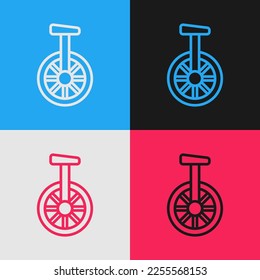 Pop art line Unicycle or one wheel bicycle icon isolated on color background. Monowheel bicycle.  Vector