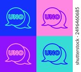 Pop art line Uno card game icon isolated on color background.  Vector