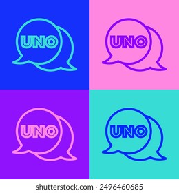 Pop art line Uno card game icon isolated on color background.  Vector