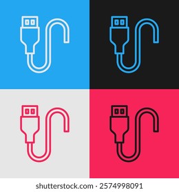 Pop art line USB cable cord icon isolated on color background. Connectors and sockets for PC and mobile devices.  Vector