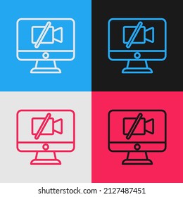 Pop art line Video camera Off on computer icon isolated on color background. No video.  Vector
