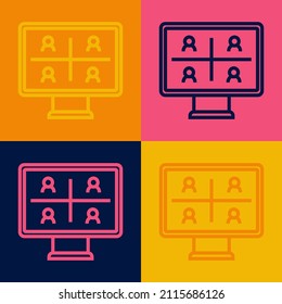 Pop art line Video chat conference icon isolated on color background. Online meeting work form home. Remote project management.  Vector