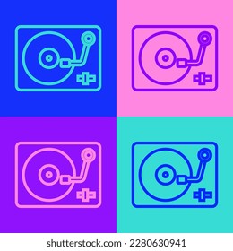 Pop art line Vinyl player with a vinyl disk icon isolated on color background.  Vector