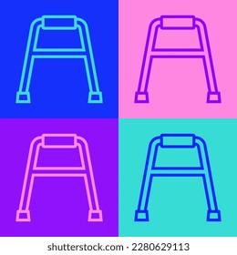 Pop art line Walker for disabled person icon isolated on color background.  Vector