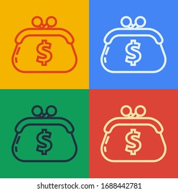 Pop art line Wallet with dollar symbol icon isolated on color background. Purse icon. Cash savings symbol.  Vector Illustration