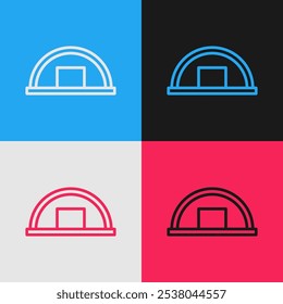 Pop art line Warehouse icon isolated on color background.  Vector