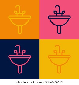 Pop art line Washbasin with water tap icon isolated on color background.  Vector