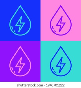 Pop art line Water energy icon isolated on color background. Ecology concept with water droplet. Alternative energy concept.  Vector