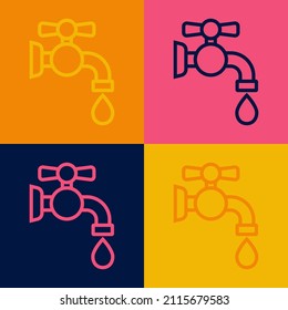 Pop art line Water tap icon isolated on color background.  Vector