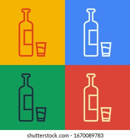 Pop art line Whiskey bottle and glass icon isolated on color background.  Vector Illustration
