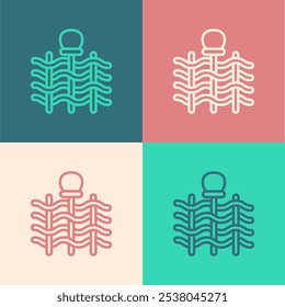 Pop art line Wicker fence of thin rods with old clay jars icon isolated on color background.  Vector