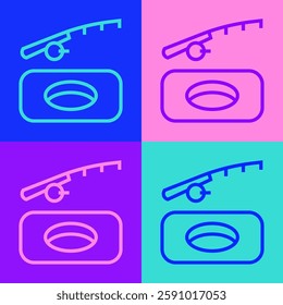 Pop art line Winter fishing icon isolated on color background.  Vector