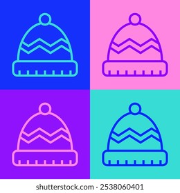 Pop art line Winter hat icon isolated on color background.  Vector