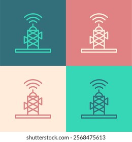 Pop art line Wireless antenna icon isolated on color background. Technology and network signal radio antenna.  Vector