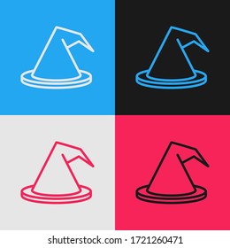 Pop art line Witch hat icon isolated on color background. Happy Halloween party.  Vector Illustration