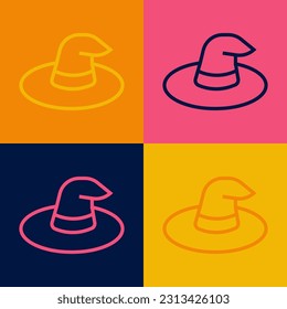 Pop art line Witch hat icon isolated on color background. Happy Halloween party.  Vector