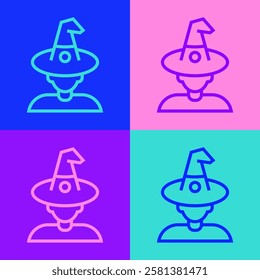 Pop art line Witch icon isolated on color background. Happy Halloween party.  Vector