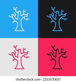 Pop art line Withered tree icon isolated on color background. Bare tree. Dead tree silhouette.  Vector