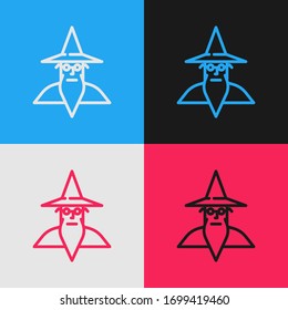 Pop art line Wizard warlock icon isolated on color background.  Vector Illustration